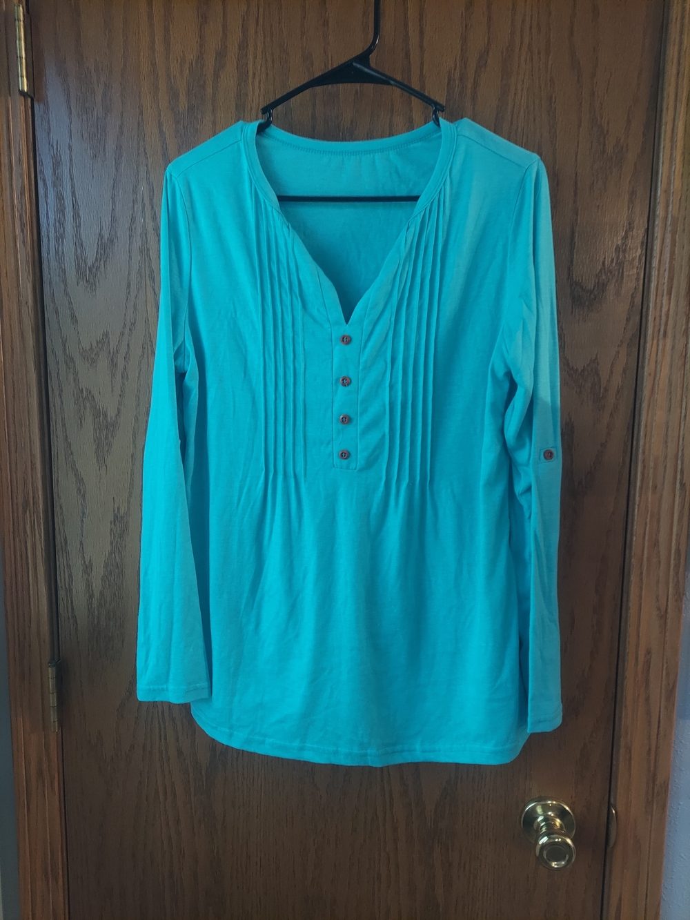 Mint Blue Henley Pleated Long Sleeve Tunic Top - Medium